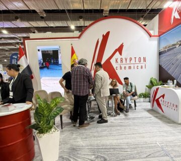Krypton Chemical booth at Big 5 Construct Egypt 2025, showing staff engaging with visitors, with Egyptian and Spanish flags visible.