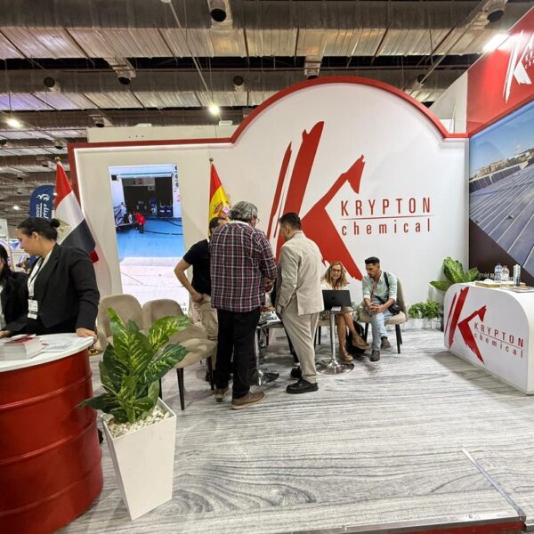 Krypton Chemical booth at Big 5 Construct Egypt 2025, showing staff engaging with visitors, with Egyptian and Spanish flags visible.