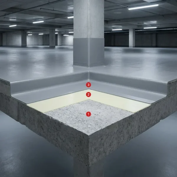 05-car-park-waterproofing-featured Layered polyurea waterproofing build-up on an underground car park slab